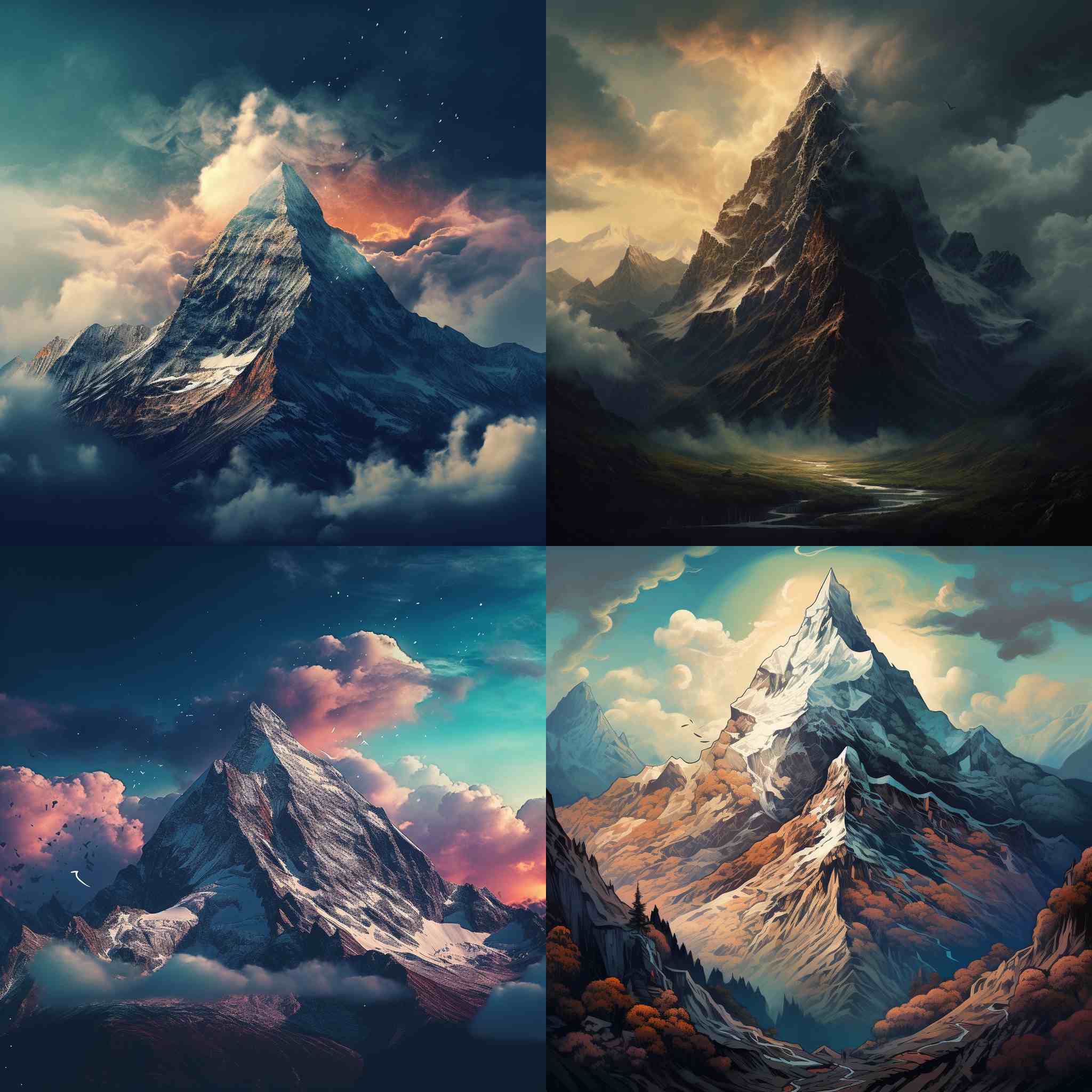 4 images of mountains in a 2x2 grid generated by Midjourney