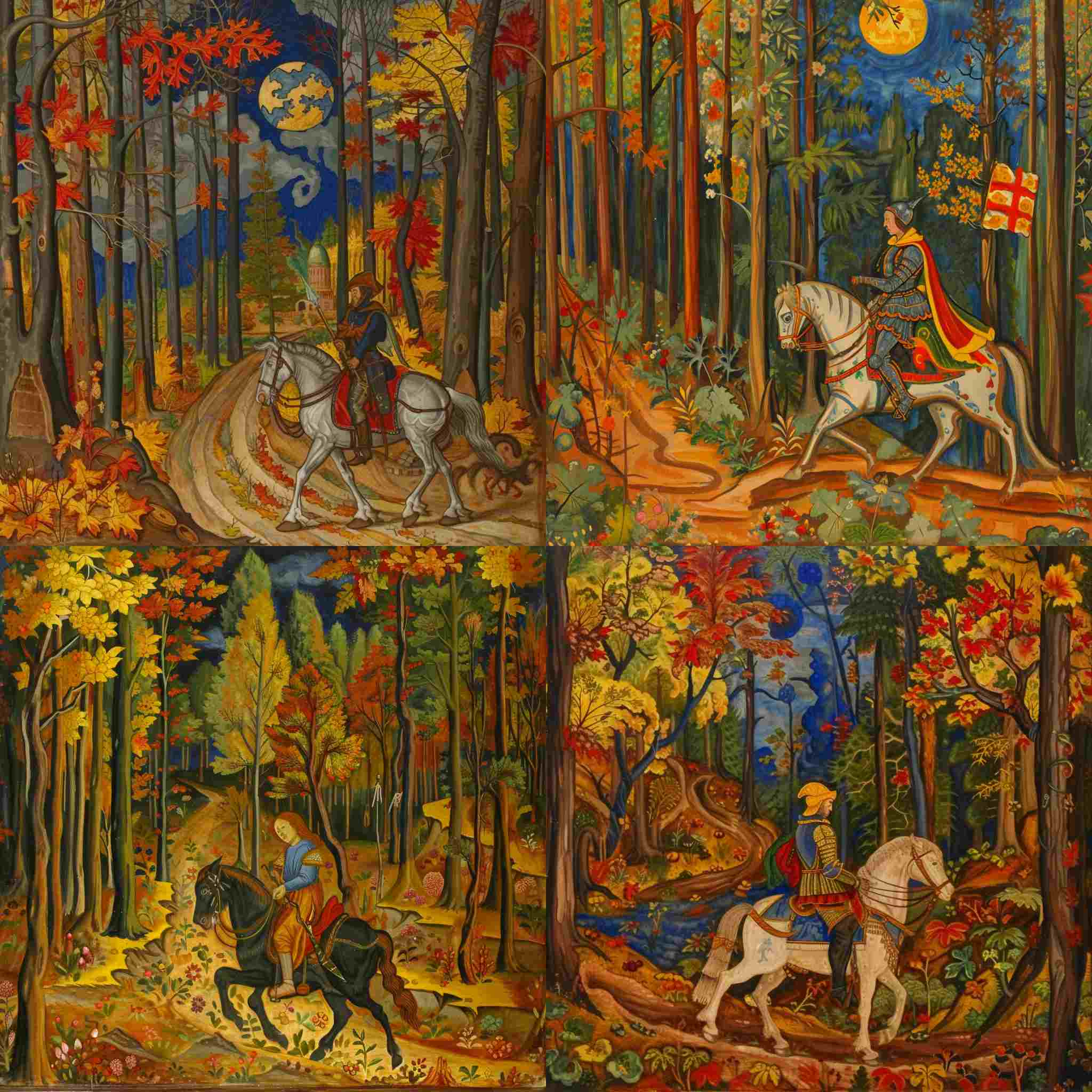 4 images of a warrior riding in a forest in a 2x2 grid with Mughal Style, Expressionist style and Abstract Art style transferred