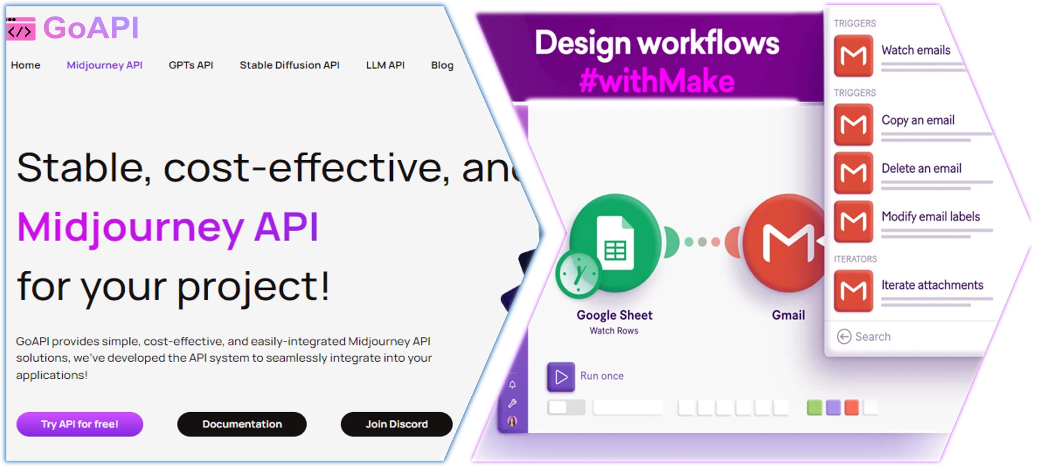 An illustration of GoAPI's Midjourney API integrated into Make's automation workflow