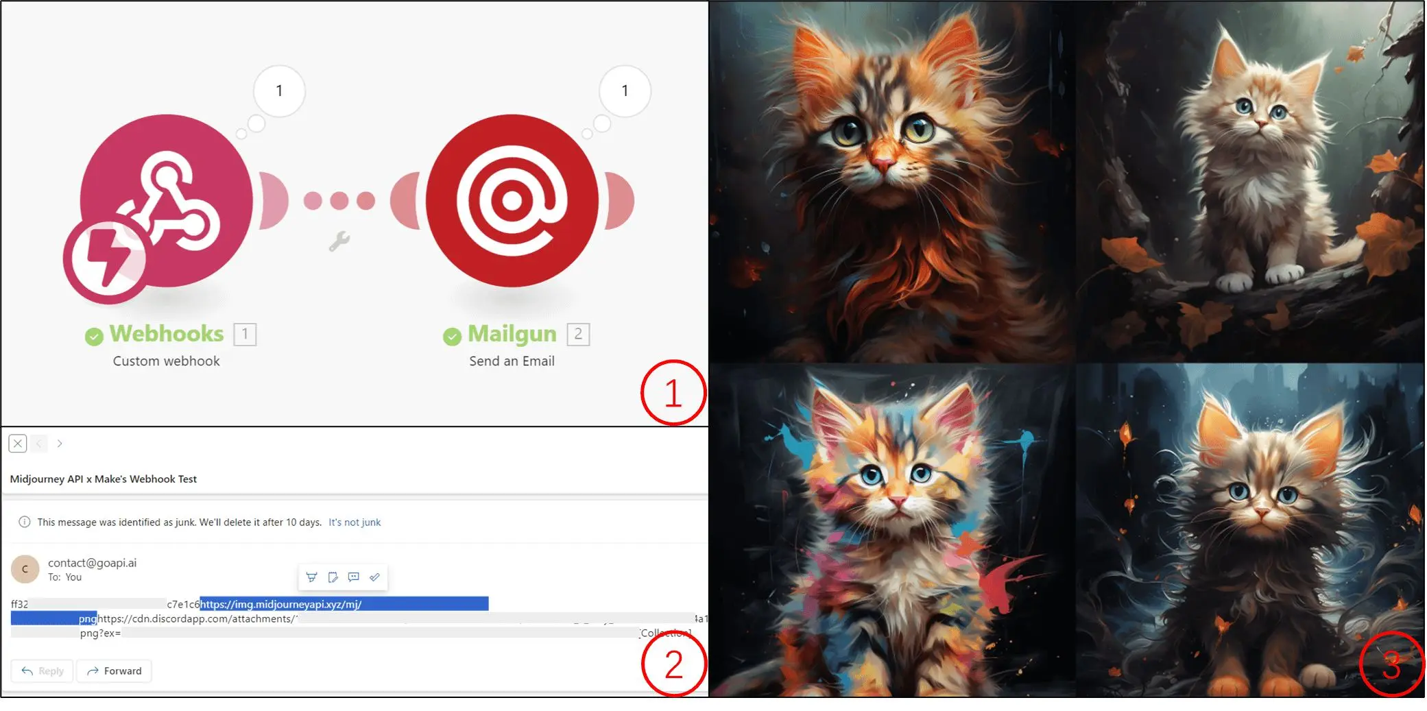 Show Make's scenario working smoothly, that the email is sent upon webhook is received, and image can be viewed in the browser from the url provided