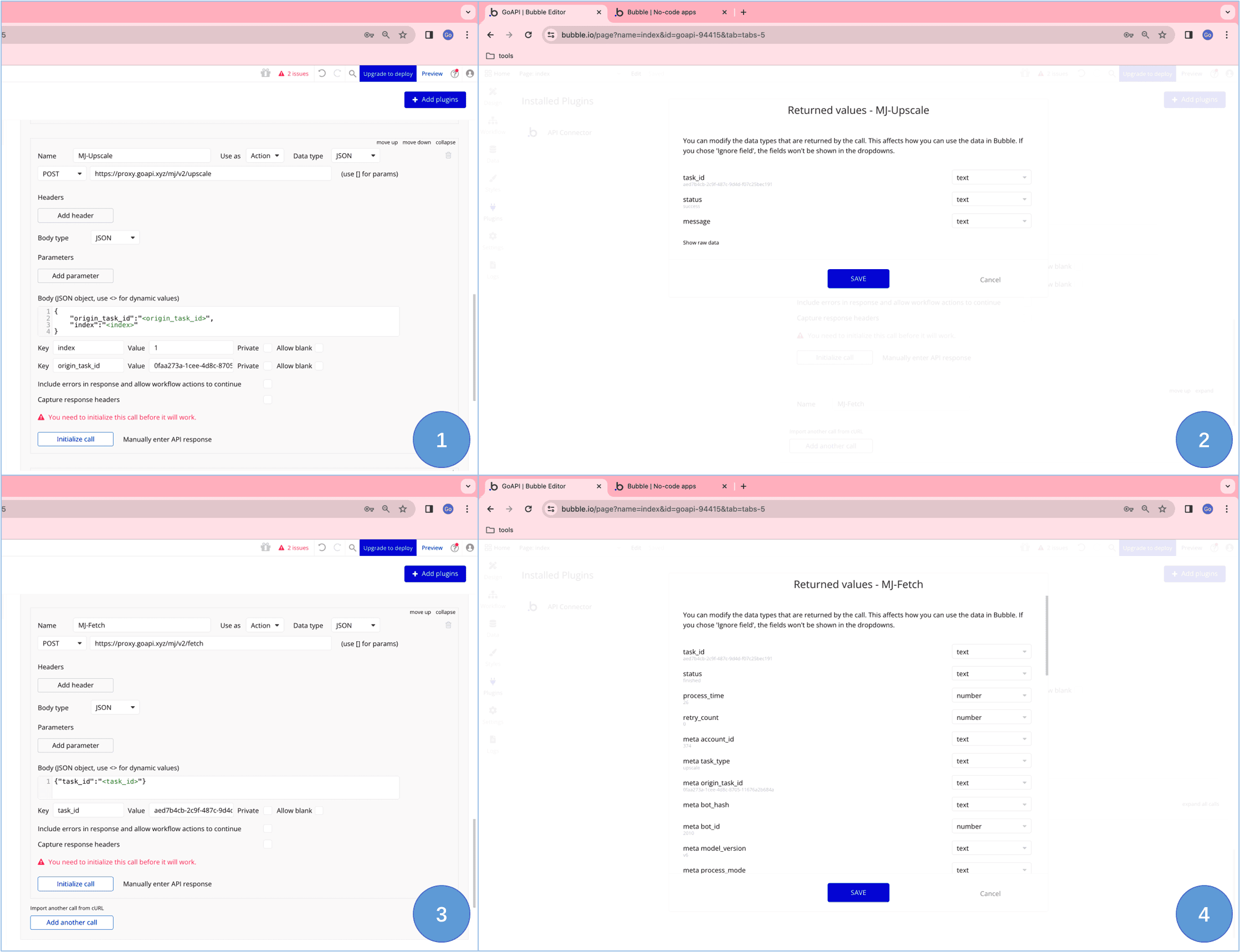 an illustration of setting up the fetch and upscale endpoints in API Connector in Bubble