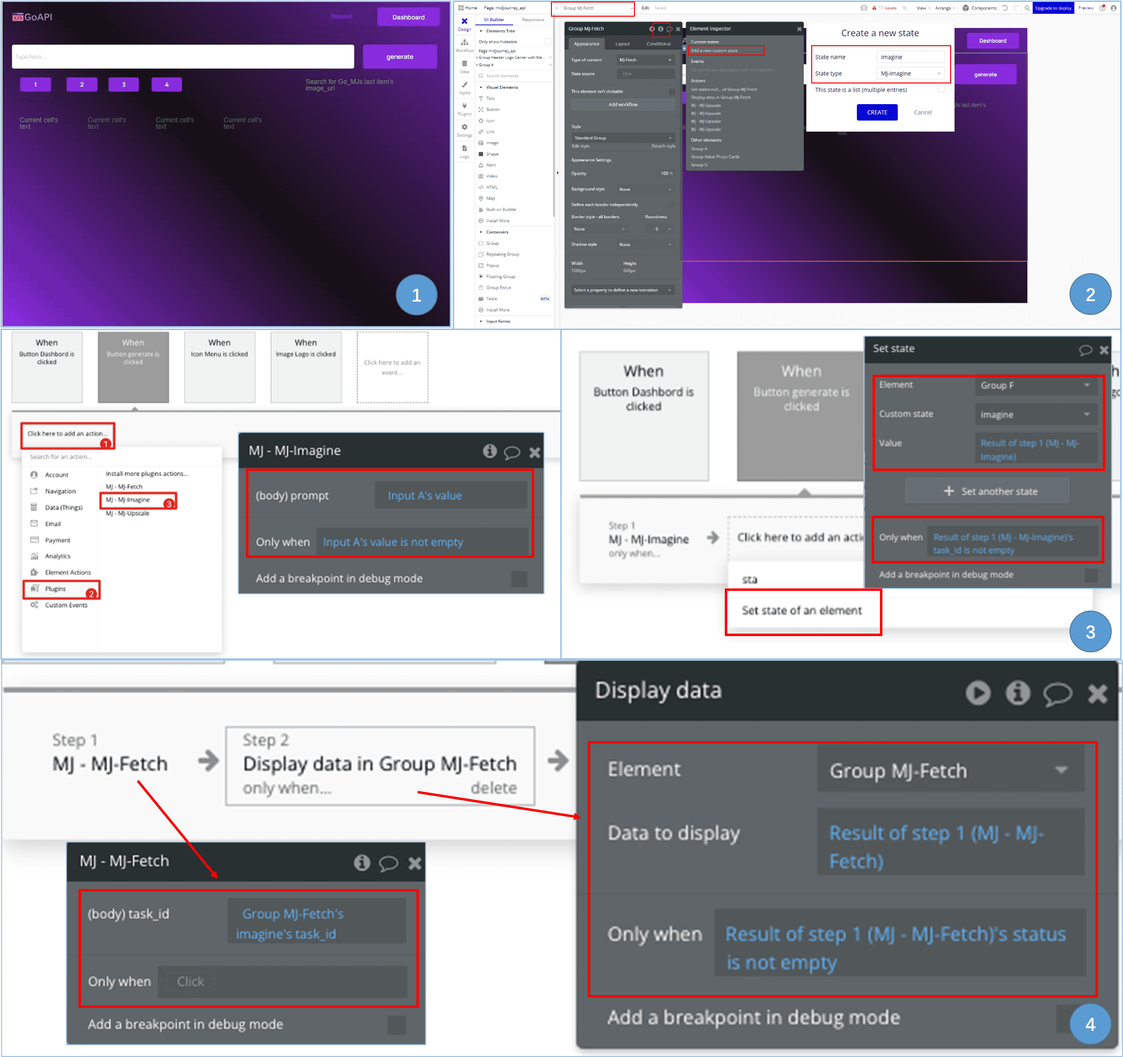 an illustration of how to set up Group's Custom States and different workflows for buttons in Bubble for Midjourney API integration.