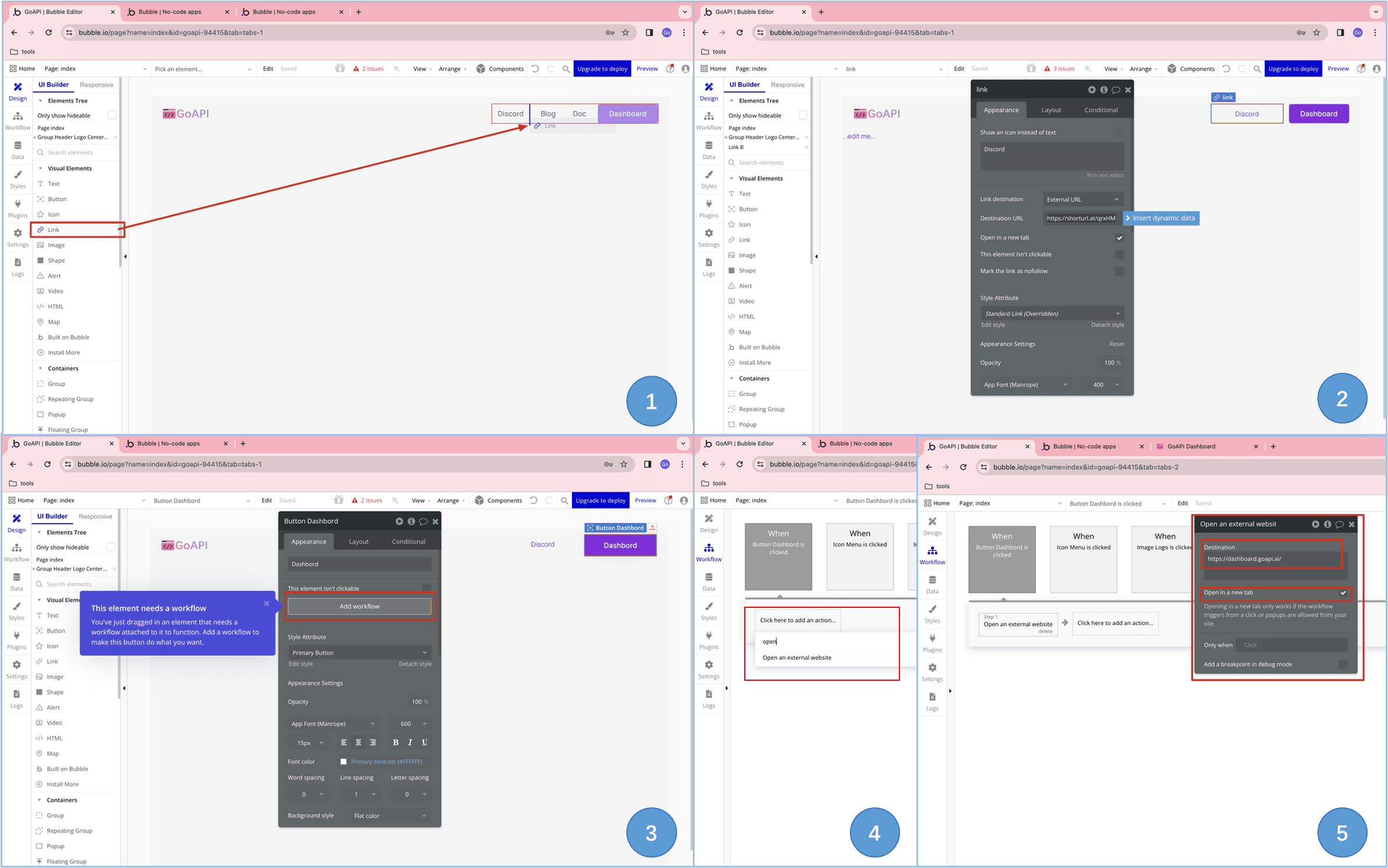 an illustration of how to set up button actions and links in Bubble