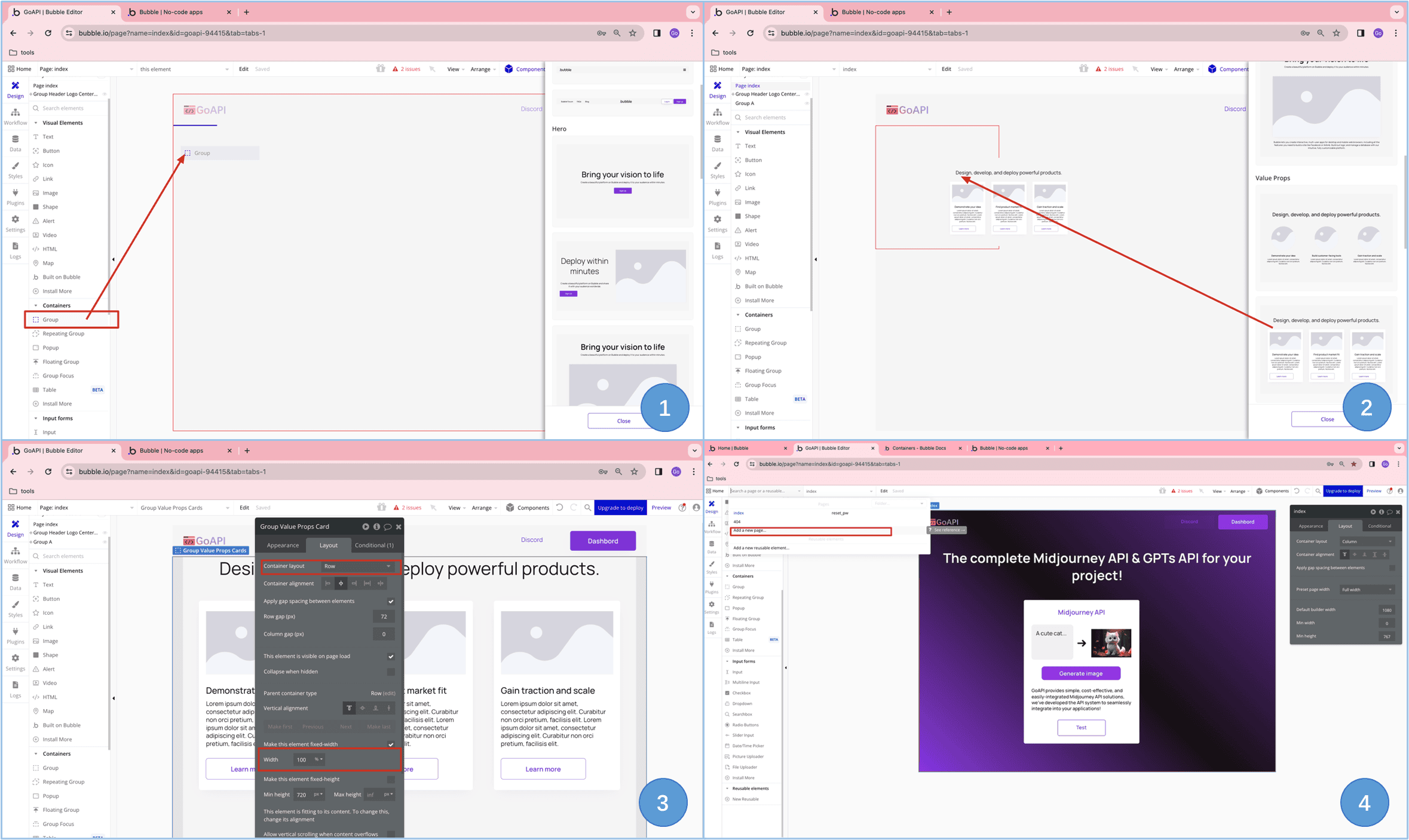 an illustration of how to add new content and pages in Bubble