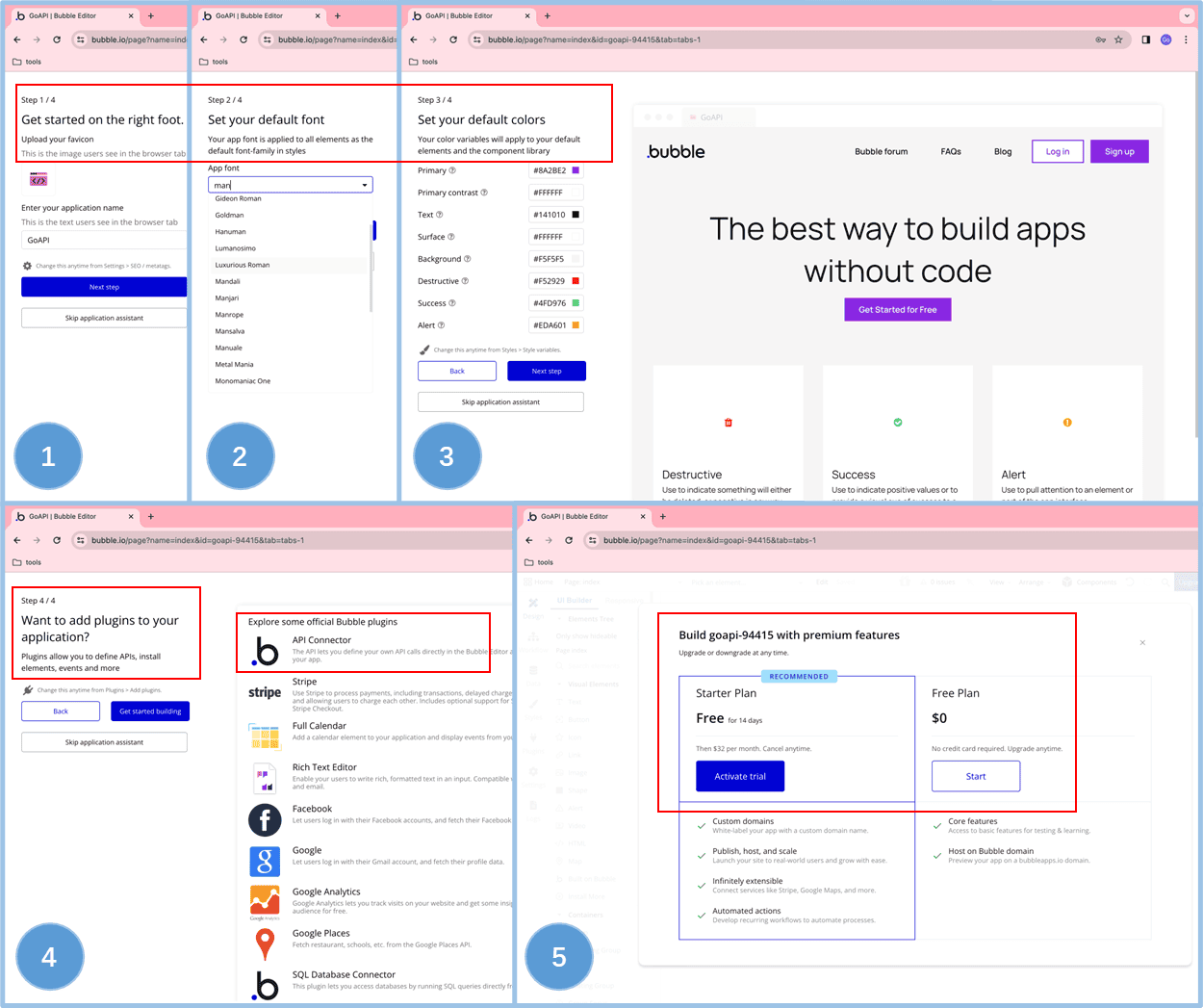 an illustration of setting your app's favicon, font, colors and choosing the API connectorin Bubble