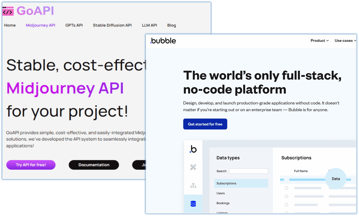 an illustration of GoAPI's Midjourney API integrating into the Bubble no-code application creation platform