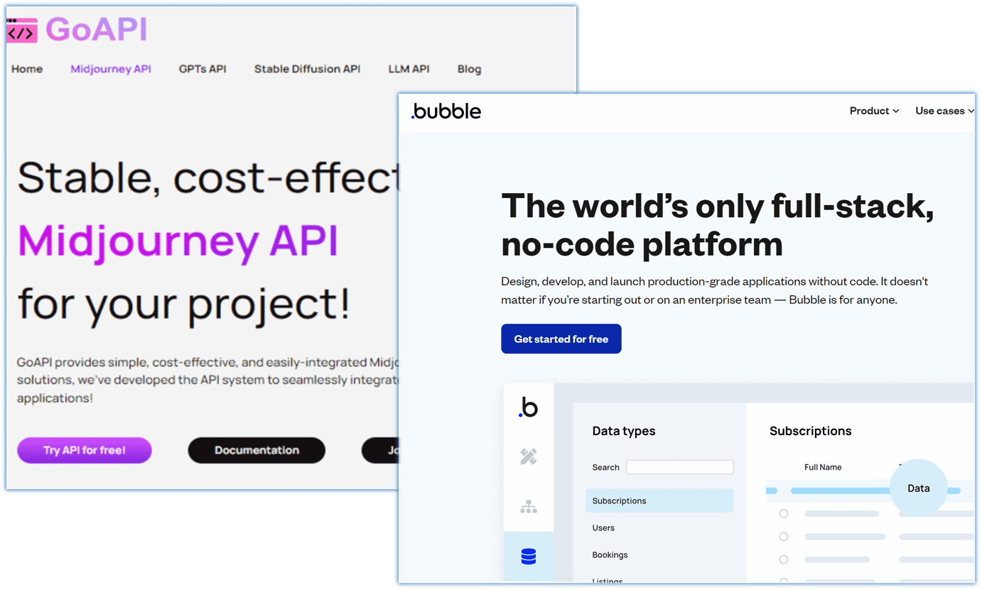 an illustration of GoAPI's Midjourney API integrating into the Bubble no-code application creation platform