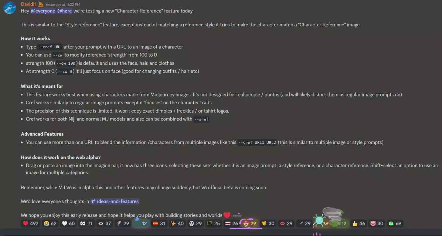 A screenshot of the official Midjourney Announcement of the launch of the Character Reference feature in their Discord channel