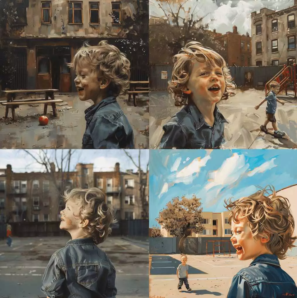 4 images of a boy playing in a schoolyard in a 2x2 grid generated by Midjourney with reference to the image of the boy as the previously generated