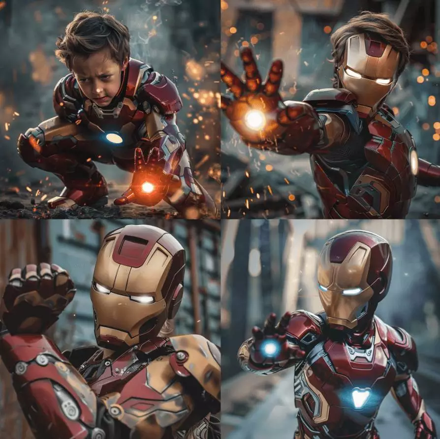 4 images of a boy in iron man suit fighting evil - as a result of combining two character reference images (the boy and the iron man suit) in one prompt