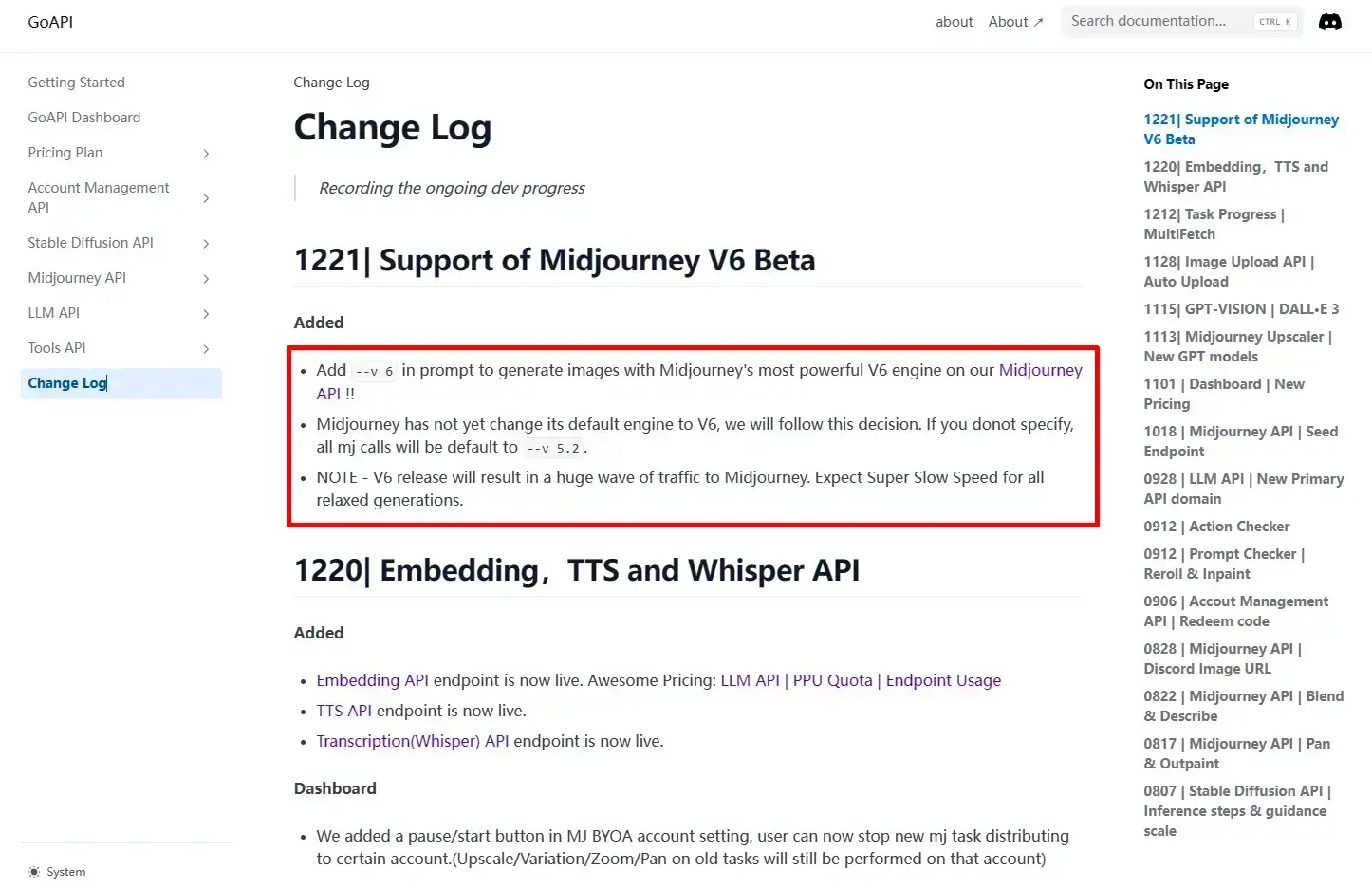 Screenshot of GoAPI's Midjourney API documentation showing our update on supporting Midjourney v6