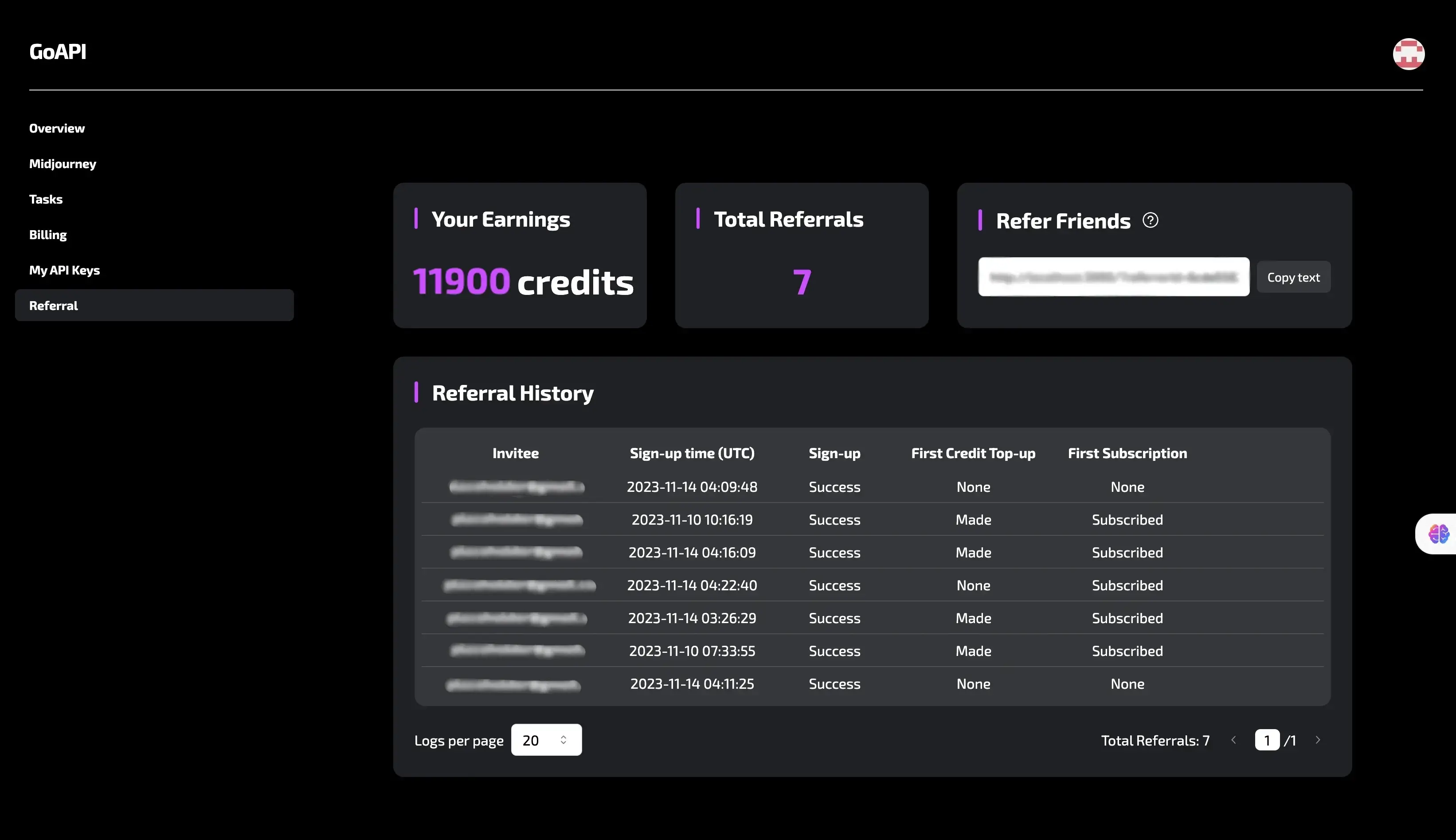 GoAPI's dashboard referral page