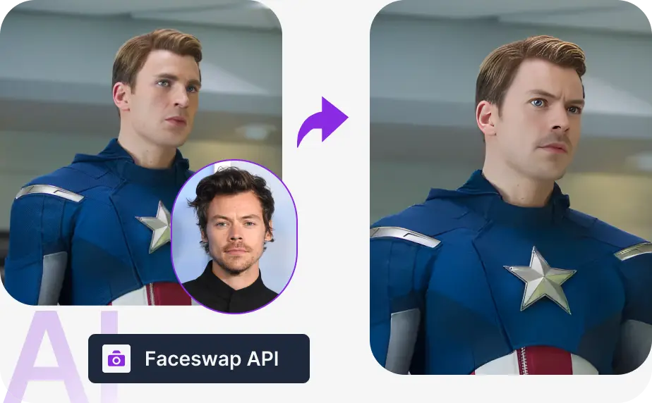 An illustration of captain america and harry styles's faces swapped using Faceswap API