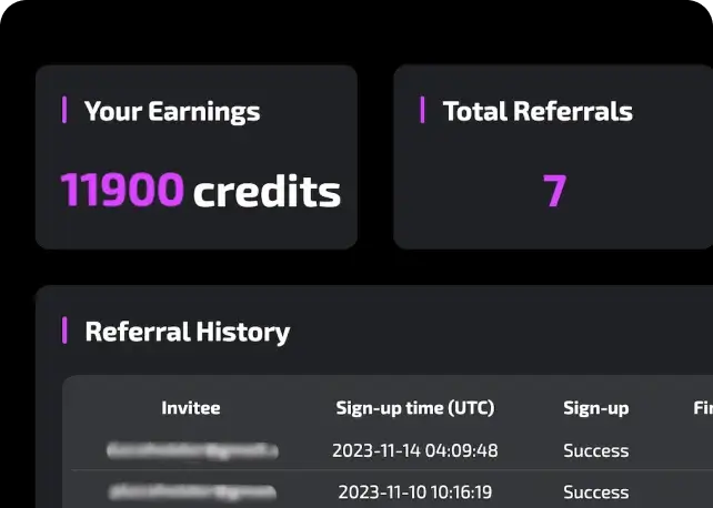 A screenshot of GoAPI's dashboard showing referral credits and referral history